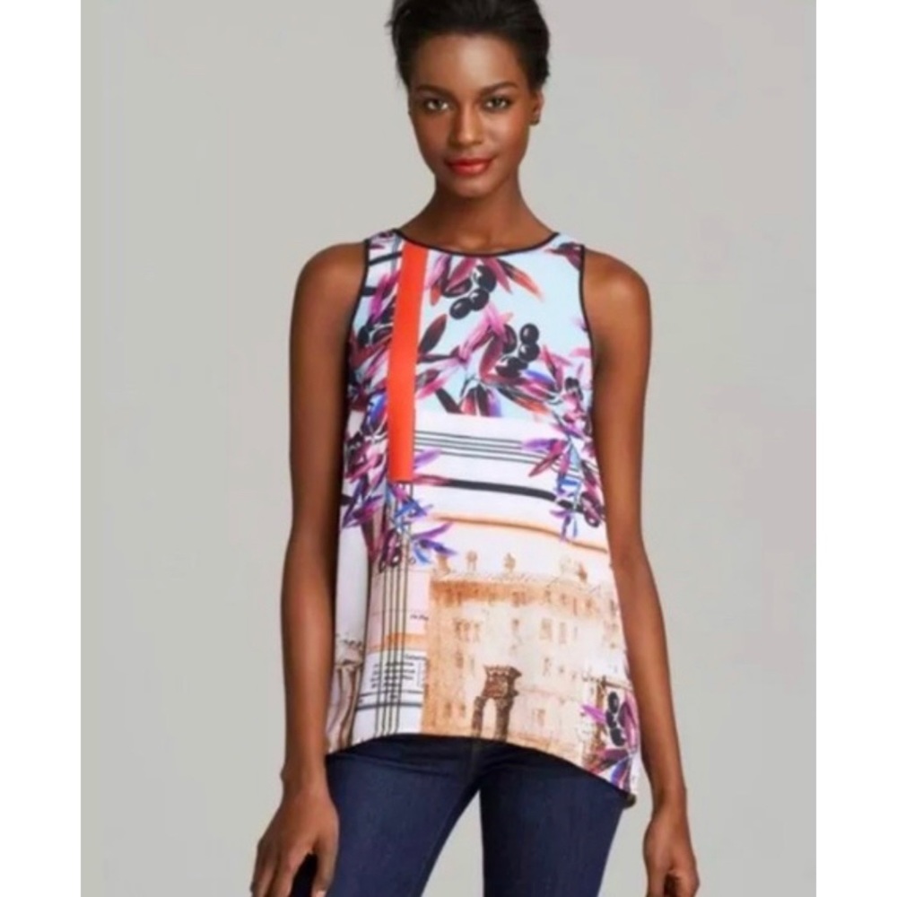 🛍️Clover Canyon Olive Printed Georgette Split Back Tank Top Sleeveless Blouse